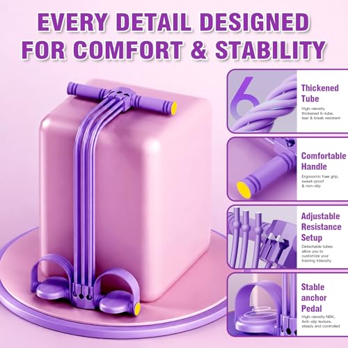 Multifunction Foot Pedal Resistance Bands with Handles, 6-Tube Adjustable Elastic Yoga Exercise Bands, Home Gym Fitness Equipment for Abdomen, Core, Waist, Arm, Leg Stretching - color: Purple