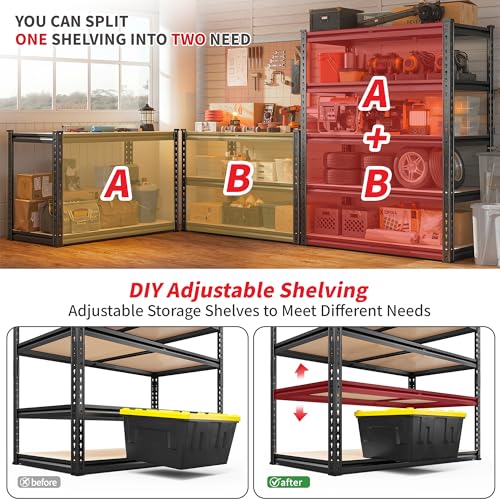 REIBII 2400LBS Garage Shelving 5 Tier Storage Shelves Heavy Duty, Adjustable Metal Shelving Unit,Garage Shelves for Basement,Warehouse,Pantry,Closet,Kitchen 72" H x 36" W x 16" D,2 Pack | Heavy Duty - color: Black