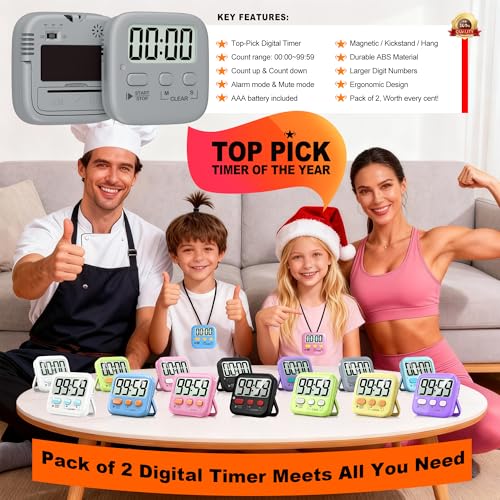 Antonki 2 Pack Digital Timer for Kids, Magnetic Countdown Kitchen Timers for Cooking, Egg, Classroom, Teacher, Exercise, Study, Oven - Battery Included - color: Space Grey