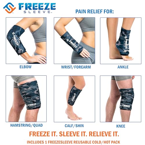 FreezeSleeve Ice and Heat Therapy Sleeve | Reusable Ice Pack Flexible Gel Compression Sleeve for Pain Relief and Recovery of Elbow Knee Ankle Leg Wrist Injuries | Blue Camo Small Medium - color: Blue Camo, size: Small/Medium (Pack of 1)