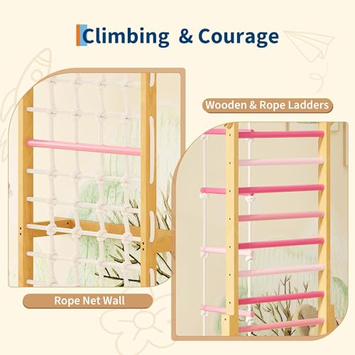PeakPursuit 8-in-1 Indoor Jungle Gym for Kids Ages 3-10 – Wooden Climbing Structure with Slide, Swing, Monkey Bars, Gymnastic Rings, Climbing Rope – Indoor Playground Toy – Natural Wood Color