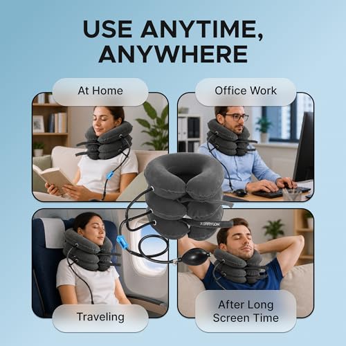 Inflatable Neck Stretcher for Neck Pain Relief, Cervical Traction Device with Hand Pump, 3-Layer Adjustable Neck Decompression Collar for Pinched Nerve, Stiff Neck & Tech Neck Support | Breathable Material - color: Platinum Grey Mist