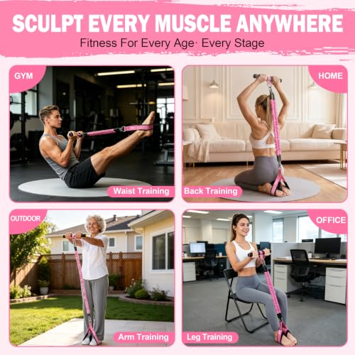 Multifunction Foot Pedal Resistance Band with Handle, 3-Tube Adjustable Elastic Yoga Exercise Bands, Home Gym Workout Equipment for Women & Men to Tone Abs, Core, Chest, Arm, Leg, Waist - color: Pink