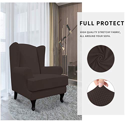 Easy-Going Stretch Wingback Chair Sofa Slipcover 2-Piece Sofa Cover Furniture Protector Couch Soft with Elastic Bottom, Spandex Jacquard Fabric Small Checks, Chocolate - color: Chocolate