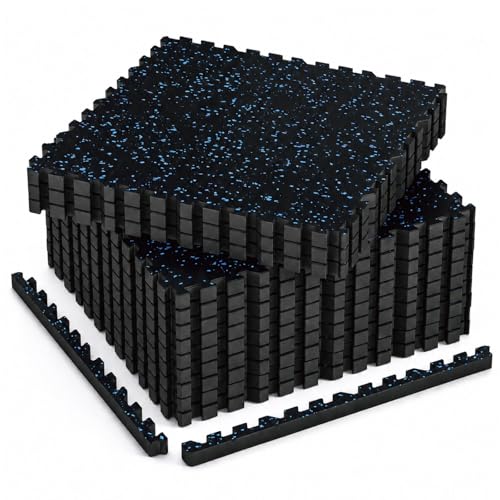 AIRHOP 1'' Ultra-Thick 48 Sq Ft Rubber Top Gym Flooring for Home Gym | 12 Tiles, High Density EVA Foam, Waterproof & Non-Slip Rubber, Interlocking Puzzle Mats, Heavy Duty Floor Protection, 24"x24" - color: Black/Blue, size: 48 Sq Ft (12 Tiles)
