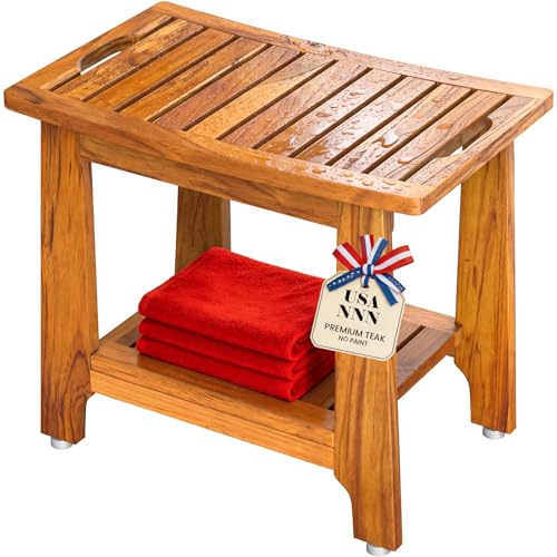 21" Standard Teak Shower Bench with Shelf & Handle - Waterproof, Non-Slip Bath Stool, 300 lbs Capacity - Fits Standard Tubs/Showers & Outdoor Use (Patented) - size: 21"W x 13" Dx 18"H