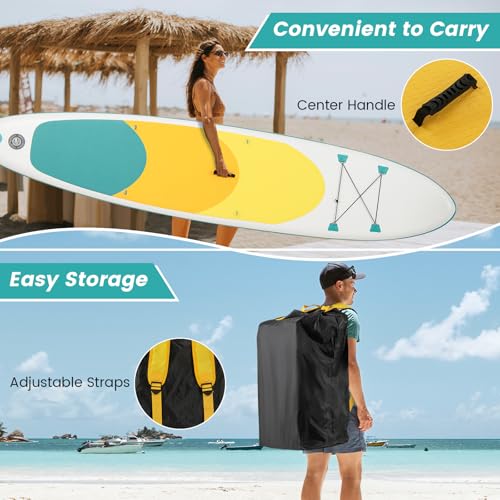 KOTEK 10FT/11FT Inflatable Paddle Board, SUP Paddleboard with Hand Pump, Safety Leash, Repair Kit, Carry Bag, Non-Slip EVA Deck, Stand Up Paddle Board for Youth & Adults - size: 11 FT, style: Multi Yellow Green