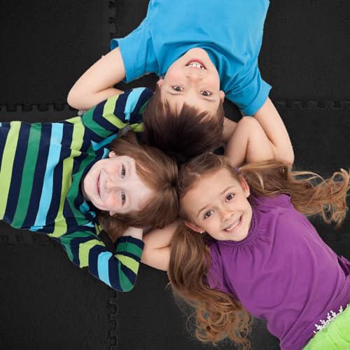 Timgle 36 Pcs Interlocking Carpet Tiles Plush Foam Floor Mats with Border Fluffy Play Mat Floor Tiles Soft Climbing Area Rugs for Kids Home Playroom Decor, 12 x 12 x 0.4 Inch(Black)