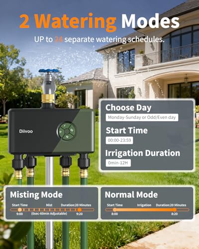 Diivoo Brass 4 Outlets WiFi Water Timer | App Remote Control, 24 Custom Schedules, Rain Delay & Mist Mode for Lawn, Compatible with Alexa/Google Assistant - size: 4 Outlets