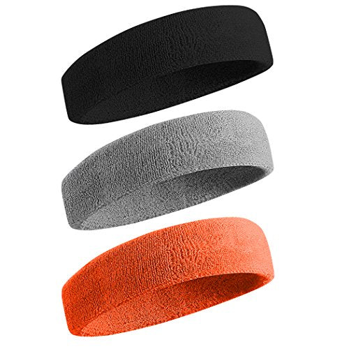 BEACE Sweatbands Sports Headband for Men & Women - Moisture Wicking Athletic Cotton Terry Cloth Sweatband for Tennis, Basketball, Running, Gym, Working Out - color: Black/Gray/Orange