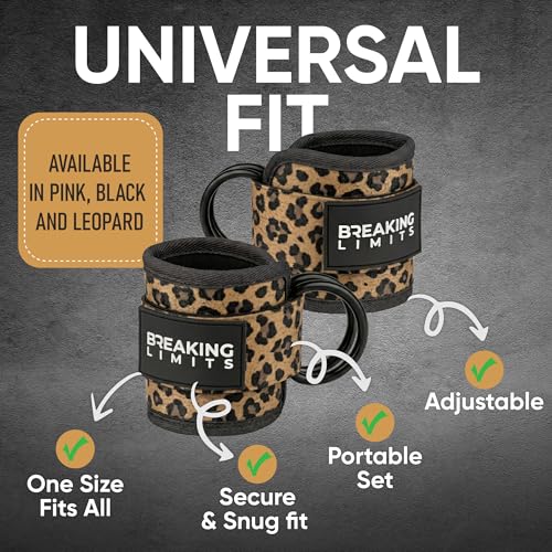 Breaking Limits Ankle Straps for Cable Machines Women - Cable Kick Back Set | Cable Kick Back Ankle Straps, Gym Cable Ankle Strap Attachment, Glute Leg Strap for Cable Machine, Neoprene, Double D-Rings - color: Leopard - Pair