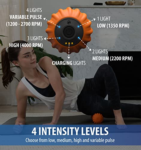 Zyllion ZMA-30 Vibrating Peanut Massage Ball Roller for Pain Relief, Orange | Cordless, Deep Tissue, Electric, Rechargeable, Body Massager, 4 Modes, Physical Therapy, Muscle Recovery, Myofascial Release - color: Orange