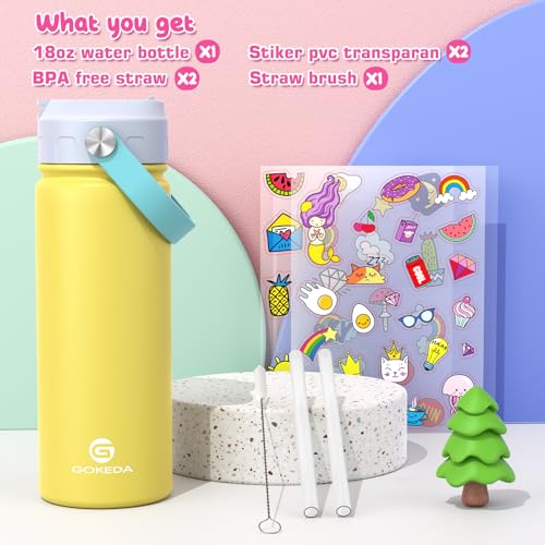 GoKEDA 18oz Kids Water Bottle, Insulated Bottles with Stickers, 18/8 Stainless Steel Vacuum Leak Proof Straw Cup for School, Gifts for Boys Girls(BlueYellow) - color: Blue Yellow
