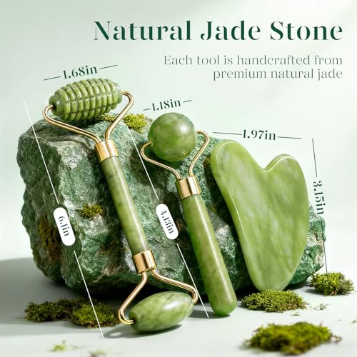 BAIMEI IcyMe Gua Sha and Jade Roller for Face, Natural Jade Face Roller with Ridge Design for Reducing Puffiness & Skin Firming,Facial Sculpting Tool, Self Care Gift for Women Men - color: Green