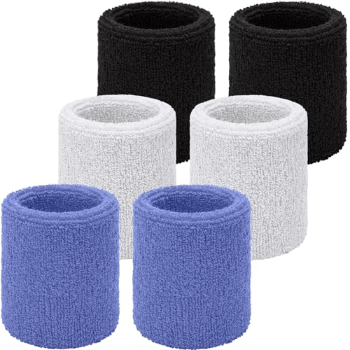 Willbond Wrist Sweatbands, Sports Sweatbands for Competition, Sweat Absorbent, for Basketball, Tennis, Football, Running and Work (Pack of 6) - color: Black,White ,Lake Blue