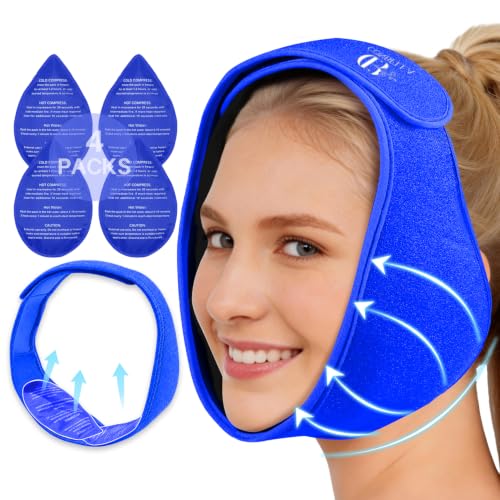Wisdom Teeth Ice Pack Head Wrap for Pain Relief - Cold Hot Therapy for Face, Jaw & Oral Surgery with 4 Gel Packs, TMJ, Tooth Extraction, Tonsillectomy Recovery (Blue) - color: Blue