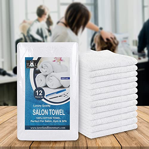 Towel and Linen Mart White Salon Towels, Pack of 12 (Not Bleach Proof, 16 x 27 Inches) Highly Absorbent Towels for Hand, Salon, Gym, Beauty, Spa, and Home Hair Care (White) - color: White