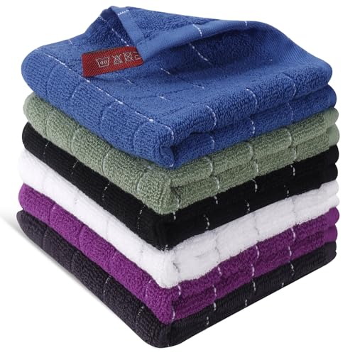 Wash Cloths 6 Pack 100% Cotton, Soft Absorbent Washcloths for Face & Body, Quick Dry Wash Cloths for Showering, Bathroom Towels, 6 Colors - color: Blue, Olive Green, Black, White, Purple, Dark Gray