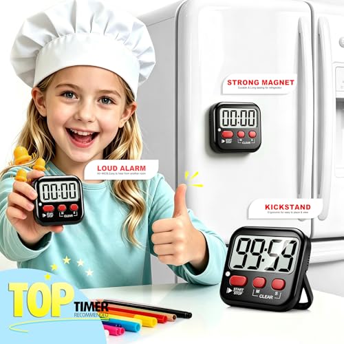 Antonki 2 Pack Digital Timer for Kids, Magnetic Countdown Kitchen Timers for Cooking, Egg, Classroom, Teacher, Exercise, Study, Oven - Battery Included - color: New Black