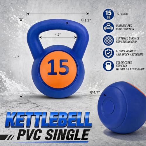 Single Kettlebells, Coated Cast Iron Kettlebell Weights with Wide Grip Handle & Flat Bottom, Strength Training Equipment for Swings, Squats, Deadlifts, Push-Ups & Home Gym Workouts - color: Blue-15 LB