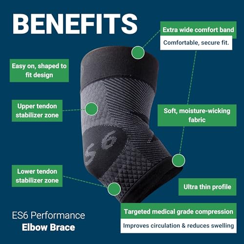 OS1st ES6 Elbow Compression Bracing Sleeve (One Sleeve) relieves Tennis or Golfer's Elbow, Cubital Tunnel Syndrome, Supports Damaged Tendons and Controls Forearm Pain (Large, Black) - color: Black, size: Large
