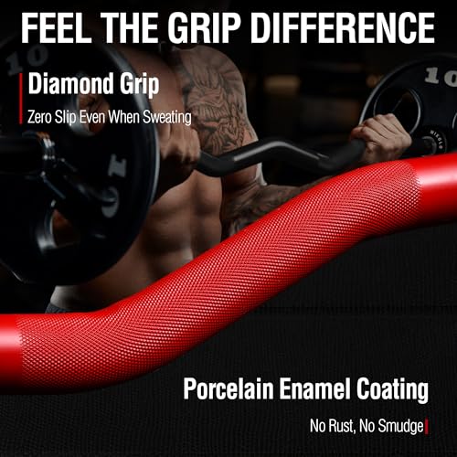 Mikolo EZ Curl Bar, 2 Inch Olympic Curl Bar for Biceps and Triceps, 47” Curling Bar with Knurled Grip, 700LB Barbell Bar with Multi-Angle Wrist-Friendly Design - color: Red - EZ Curl Bar - Bar Only