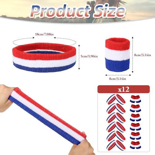 36 Pcs Wrist Sweatband Set Sports Headband Wristband Set for Men Women Party Sports Cotton Headbands Athletic Sweat Bands for Tennis Football Gym Workingout Accessories - color: Red White Blue Strip