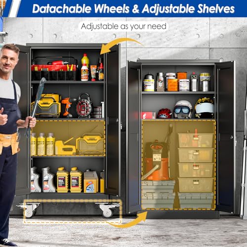 GAIOUS Metal Garage Storage Cabinet with Lock, 61” Tall Lockable File Cabinet with Wheels, Steel Tool Cabinet with 2 Door and 3 Adjustable Shelves, Rolling Cabinet for Home Office Garage Gym - Black - color: Black, size: 13.78"D x 27.56"W x 61.02"H