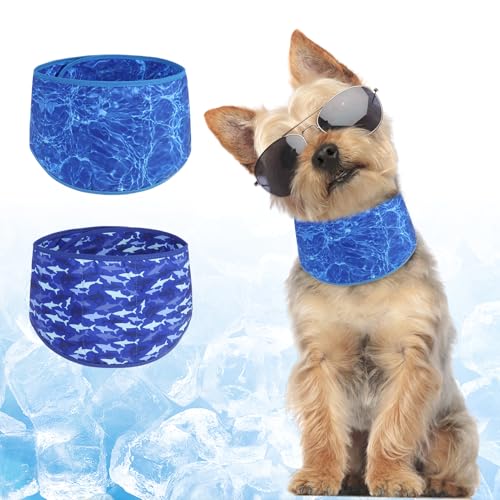 BEAUTYZOO Dog Cooling Bandana for Medium Large Dogs, 2 Pack Instant Cooling Bandanas Breathable Cooling Ice Towel Neck Wraps, Pet Scarf Keep Dogs Cool in Hot Summer,Shark S - color: Shark + Ripple Blue, size: Small(Neck Girth:9-15in)