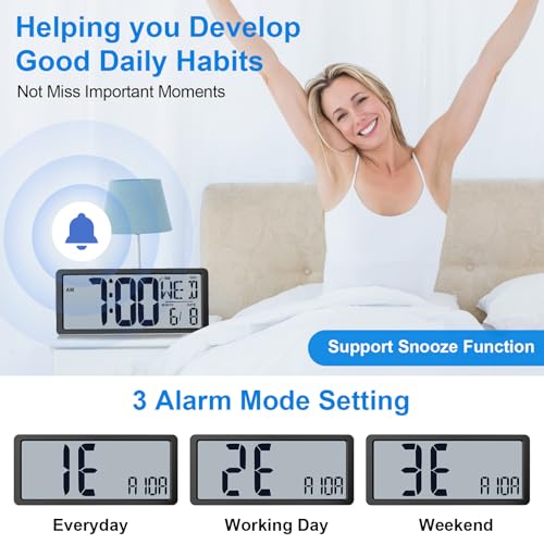 Backlight Digital Wall Clock Battery Operated with Bluetooth Time Sync/No Setup Required, 15'' Large Digital Wall Clock with Day, Date & Temperature, Large Digital Clock for Bedroom, Office - color: Black