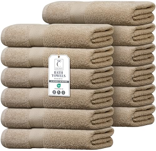 Commercial Bulk Pack of 12 Large Bath Towels – 100% Cotton Terry 24" x 50" – Ideal for Hotels, Salons, Gyms, Spas & Institutional Use – Beige - color: Beige, size: 24"x50" - PK 12