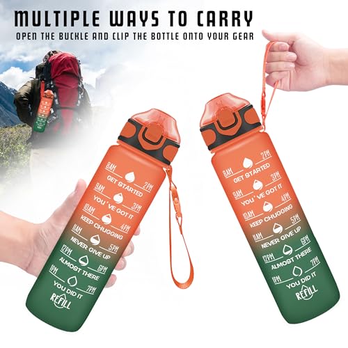 Enerbone 32 oz Drinking Water Bottle with Times to Drink and Straw, Motivational with Carrying Strap, Leakproof BPA & Toxic Free, Ensure You Drink Enough Water for Fitness Gym Outdoor - color: Dawn Fields