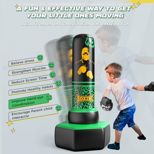 ODOSOLA 67'' Inflatable Punching Bag Freestanding for Kids Aged 3-12 – Heavy Duty Boxing Set for Karate & Taekwondo, Stable Boxing Bag Active Kids Toy, Christmas Birthday Gift for Boys and Girls - color: Green
