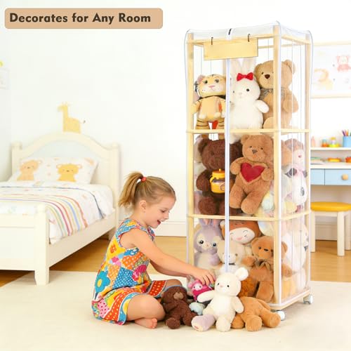 Stuffed Animal Storage Zoo with Dust Cover & Wheels — Large Wooden Stuffy Organizer Display Tower, Thick Plushie Holder with Elastic Band for Kids Room, Perfect for Nursery Bedroom Nursery Playroom