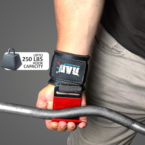 RAD Weight Lifting Hooks (Pair) Comfortable Anti-Rip Nylon Strap Extra Strong Hand Grips for Men & Women Powerlifting Heavy Duty Thick Wrist Padding Gym Workout Enhancer for Power Deadlift Pull Up - color: Red