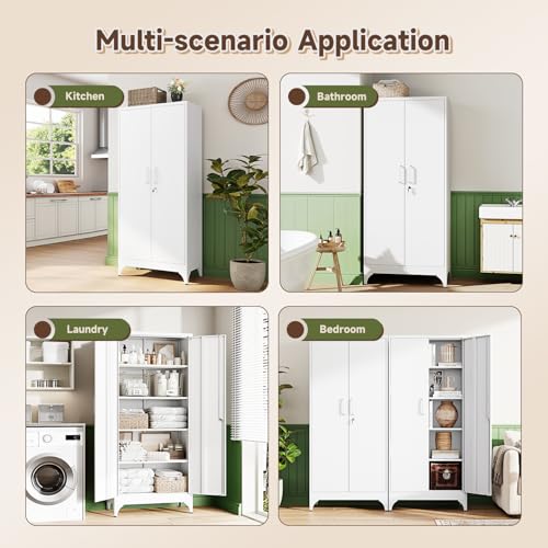 Letaya 71" H Metal Storage Cabinet with 2 Doors and 4 Shelves,Tall Kitchen Pantry Cabinets,Utility Pantry Organizers for Cupboard/Dining/Bathroom/Home Office/Garage, Steel Tool Cabinets - color: White, size: 70.9 X 32 X 16 In(H X W X D)