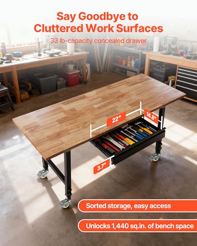 VEVOR Adjustable Workbench on Wheels, 2000 lbs Capacity, 60 x 24 Inch Oak Wood Top Workbench with Drawer & Power Outlets, Heavy-Duty Hardwood Worktable for Garage, Workshop, Home, Office, Commercial - size: Drawer Storage│Universal Wheels│60"x24"
