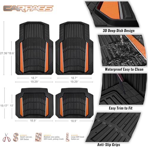 CAR PASS Heavy Duty Rubber Car Floor Mats, Deep Waterproof Car Floor Mats All Weather, Aluminum Film Floor Mats for Cars Non-Slip Universal Trim Fit for SUVs Trucks Sedans Vans, Black Orange Metallic - color: Black Orange