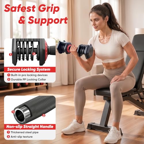 PIRIER Adjustable Dumbbell Set 25/50LB Dumbbells Weight, 10-in-1/18-in-1 Weight Dumbbell with Anti-Slip Metal Handle and Bicep Supports for Comprehensive Full Body Strength Training - color: Black-25LB-Pair