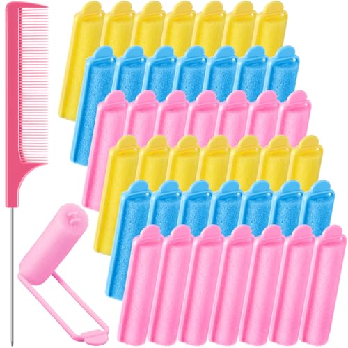 Syhood 43 Pcs Foam Sponge Hair Rollers Women 0.59 Inch Soft Sleeping Curlers Flexible Sponge Curler Tool and Rat Tail Comb for Hair Styling Hairdressing Overnight Curl and Volume(Pink Blue Yellow) - color: Pink Blue Yellow