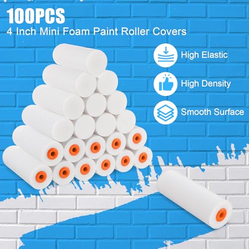 100 Pcs 4 Inch Foam Paint Roller with 2 Handles, Mini High Density Foam Roller Refills Paint Edger Tool for Walls Brings Smooth Finishes Flat Surfaces (White)