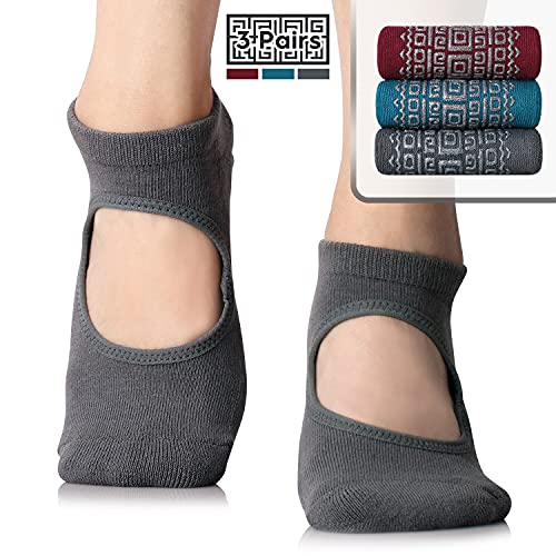 unenow Non Slip Grip Yoga Socks for Women with Cushion for Pilates, Barre, Home - color: 3 Pairs-purple/Dark Grey/Blue