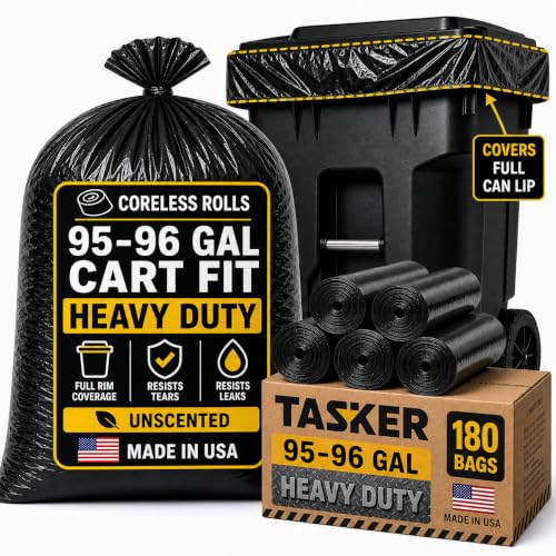 Tasker 95 Gallon Trash Bags Heavy Duty |180 Bags Bulk Pack| 95-96 Gallon, Extra Large XL Black Garbage Bags, Can Liners Fit 90-100 Gallon Cans, Outdoor Yard Waste, Commercial Industrial - size: 180 Count (Pack of 1)