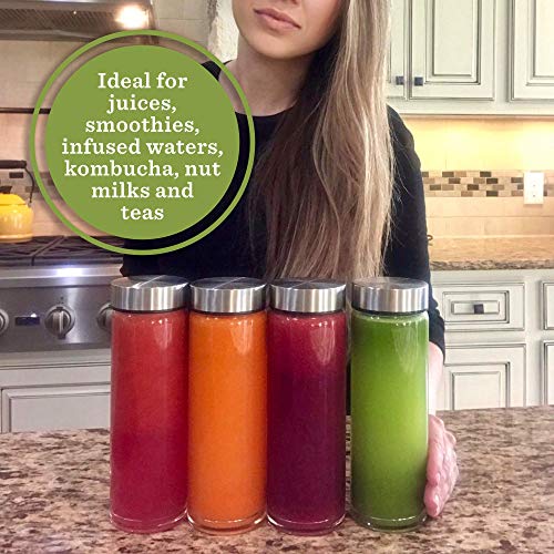 Juice Bottles - 4 Pack Wide Mouth Glass Bottles with Lids - for Juicing, Smoothies, Beverage Storage - 16oz Glass Water Bottles, BPA Free, Stainless Steel Lids, Leakproof, Reusable, Borosilicate - size: 16 Ounces