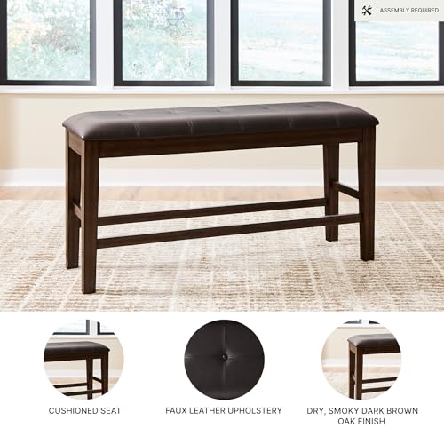Signature Design by Ashley Upholstered Counter Height Dining Bench, 50" | Tufted faux leather seat, Sturdy solid wood frame in smoky oak finish, Fits 34-36" counter islands, Haddigan Series - color: Dark Brown, style: Counter Height Bench