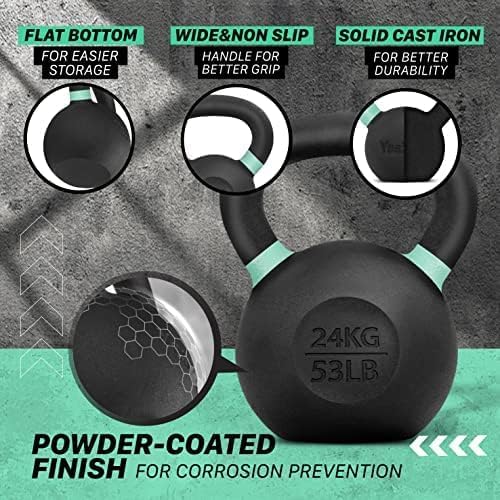 Yes4All Powder Coated Kettlebell, Cast Iron Core Kettlebells with Non-Slip Handle & Flat Bottom for Conditioning, Heavy Duty for Strength Training, 9lb to 71lb - Single & Pair - color: Light Green, style: B. Pair