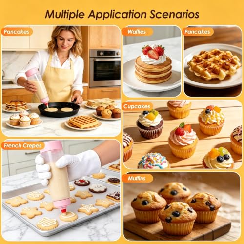 Pancake Batter Dispenser Bottle Kit with 7 Accessories, 1000ml Silicone Squeeze Pancake Mixer Bottle with Whisk Ball and Stand Base, Pancake Shaker Bottles for Cupcakes Muffins Waffle (2pack) Pink - color: Pink