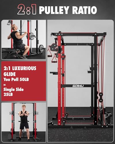 RH01 Power Cage Rack, 2000LBS Squat Rack with with Cable Crossover System&LAT Pull Down System, Multi-Function Workout Cage for Home&Garage Gym - color: Red-SE, size: RH01 Power Cage