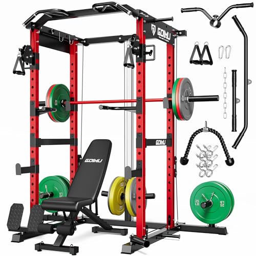 RH01 Power Cage Rack, 2000LBS Squat Rack with with Cable Crossover System&LAT Pull Down System, Multi-Function Workout Cage for Home&Garage Gym - color: Red, size: RH01 Power Cage with 290LB C Weights