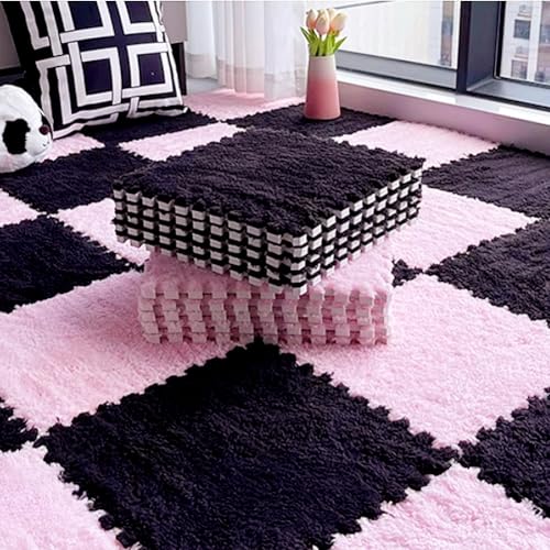 12pcs Carpet Squares Puzzle Floor Mat, Plush Interlocking Carpet Tiles, Anti Slip EVA Foam Jigsaw Floor Tiles, Build A Safe Area for Bedroom Playroom (Pink+Black) - color: Pink+black